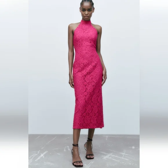 Zara *  Pink Lace Halter Midi Dress Size S and L - Picture 9 of 16